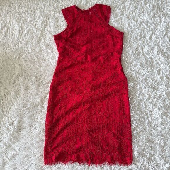 Lulus Lipsy VIP Red Lace Midi Cocktail Party Dress Size L - Picture 5 of 8